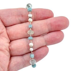 Vintage Sterling Silver 925 Pearl Aquamarine Chalcedony Beaded Bracelet 7.5"